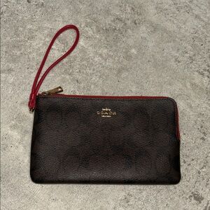 Coach Dark Brown Wristlet with Red Trim